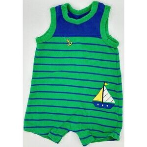 Little Me Anchor Romper. Green Blue Sailboat Stripe Tank (941)